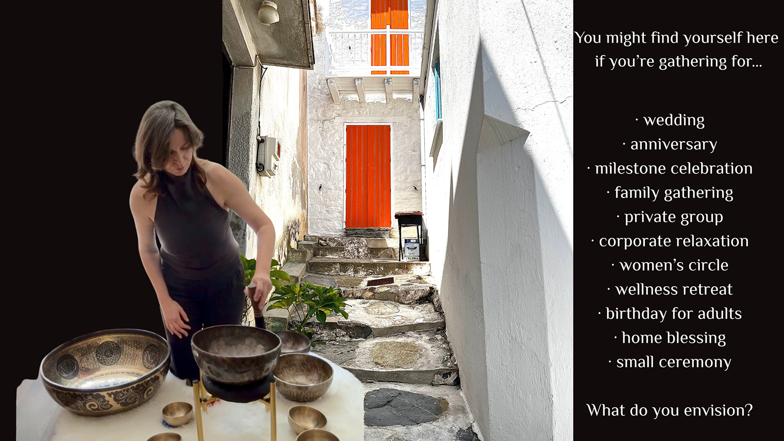 Private and group sound bath experiences for weddings, anniversaries, milestone celebrations, family gatherings, private groups, corporate relaxation, women’s circles, wellness retreats, adult birthdays, home blessings, and small ceremonies — also available through yoga studios, wellness centers, spa partnerships, retreat centers, studio collaborations, pop-up sessions, and on-location hosted events.